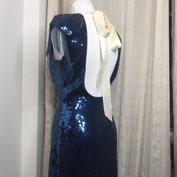 SOLD πVTG Blue Sequin Midi Fringe Open Back Dress M - Picture 14 of 16
